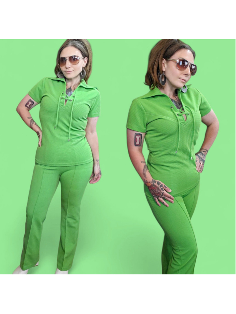 Vintage 1970s Green Knit Polyester Lace Up Dagger Top and Flare Pant Set